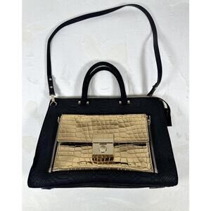 Milly Black Faux Snakeskin Satchel With Gold Croc Embossed Front Pocket